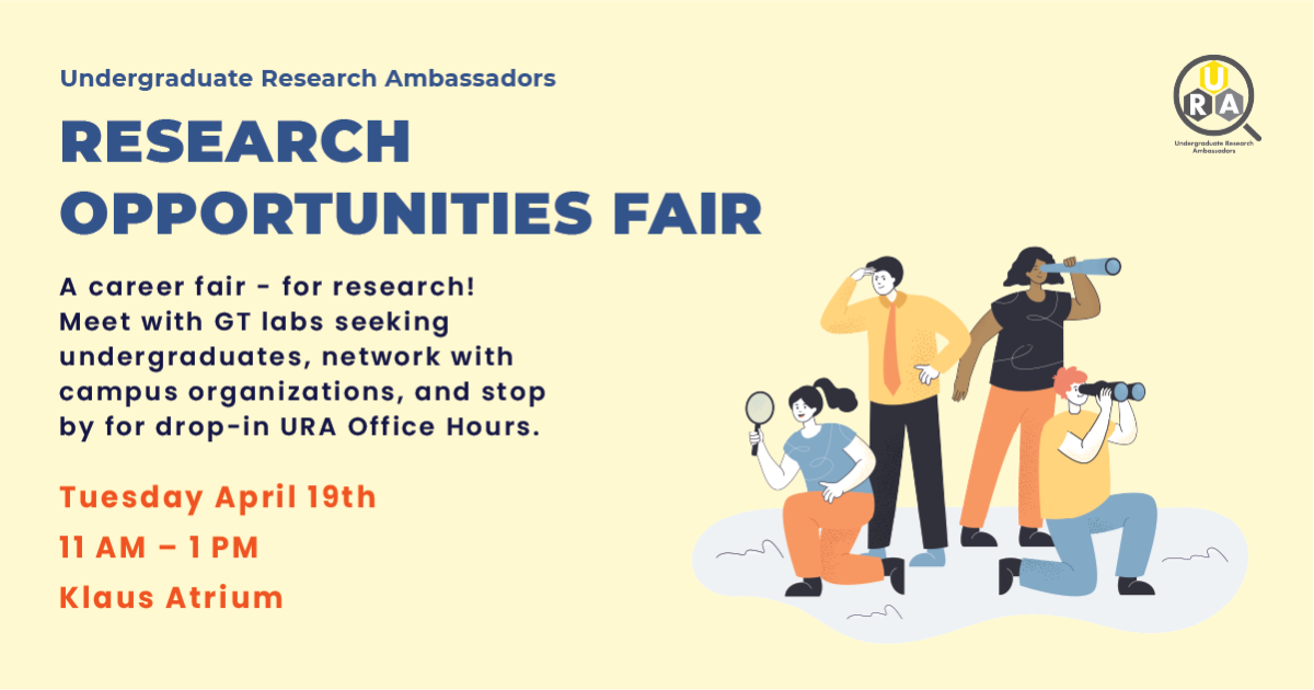 graphic for the research fair, featuring people looking for opportunities with binoculars 