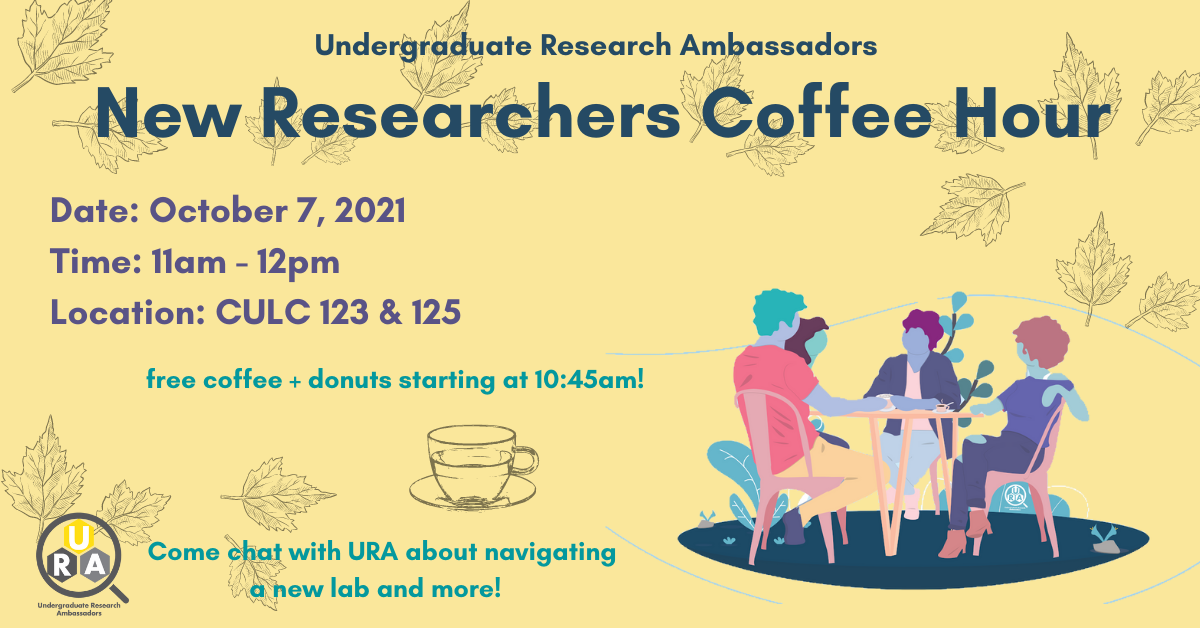 graphic for new researchers coffee hour, featuring leaves and people chatting